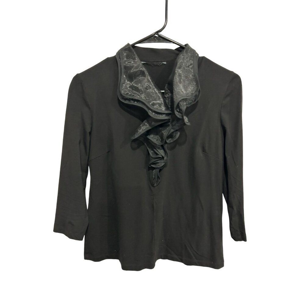 Black Long Sleeve Top Sheer Ruffled Collar Zip Gothic Chic Victorian Revival